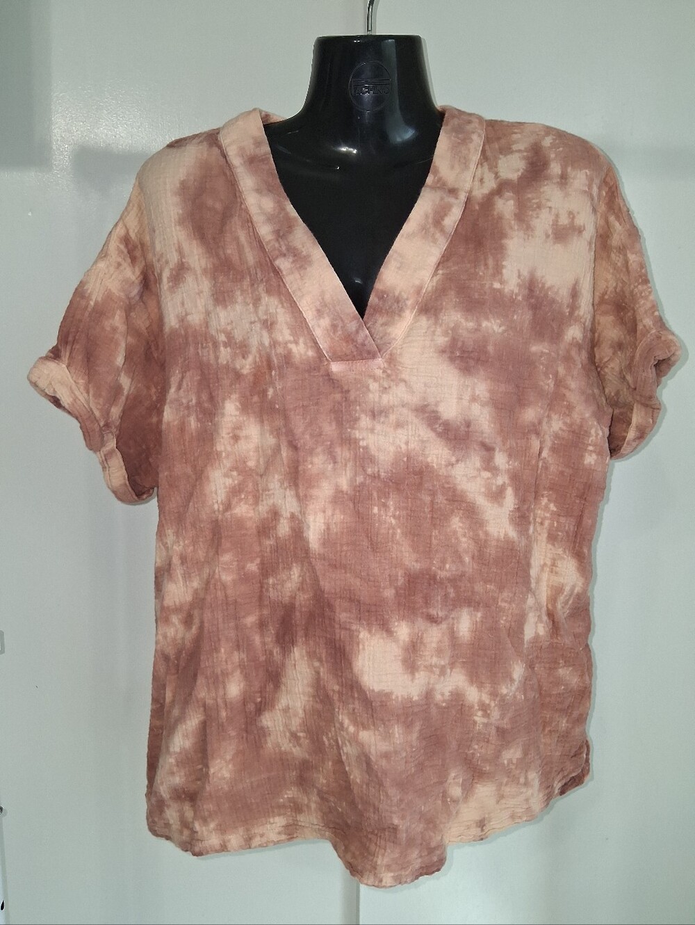 Tie-Dye V-Neck Gauzy Oversized Women's Top in Mauve Peach Tones Sz XL